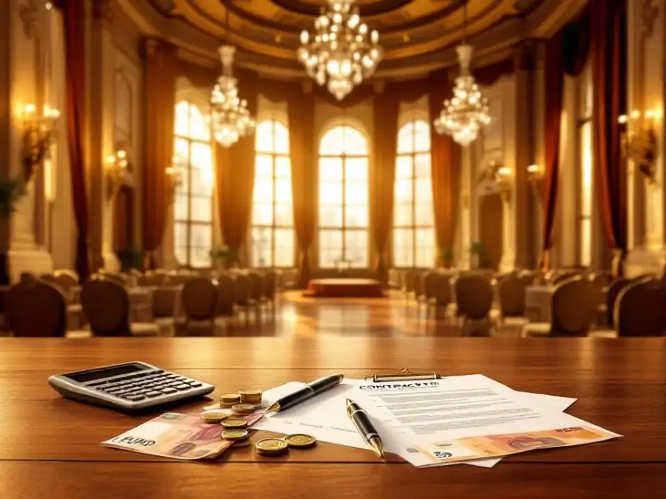 Euro bankbiljetten en munten op tafel met calculator en contracten in elegante evenementenhal met gouden verlichting