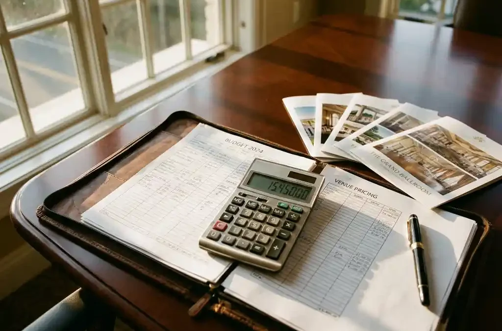 Calculator op budgetspreadsheets naast venuemappen op houten vergadertafel tijdens evenementenplanning