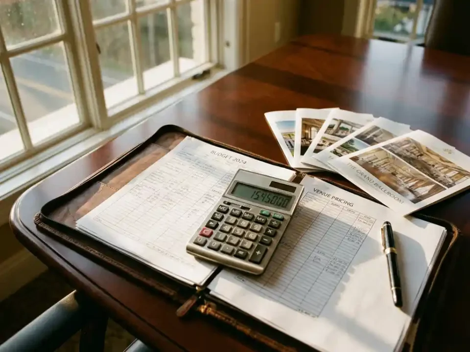 Calculator op budgetspreadsheets naast venuemappen op houten vergadertafel tijdens evenementenplanning