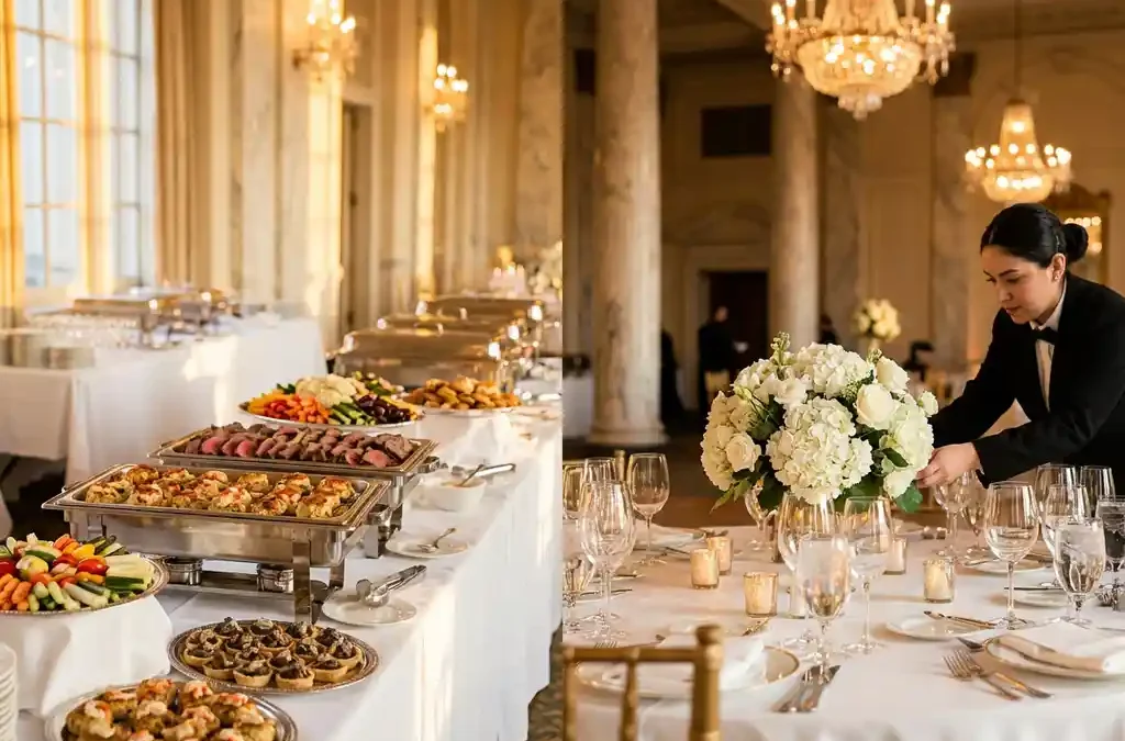 Elegante cateringbuffet met zilveren schotels vol gourmetgerechten, kristallen glazen en professionele bediening in evenementenhal