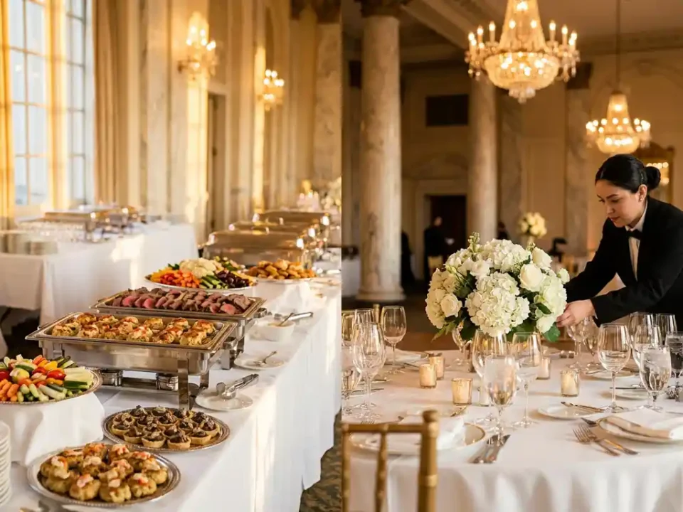 Elegante cateringbuffet met zilveren schotels vol gourmetgerechten, kristallen glazen en professionele bediening in evenementenhal