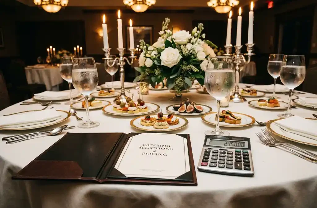 Elegante restauranttafel met open cateringmenu en rekenmachine naast kristallen glazen en gourmet hapjes