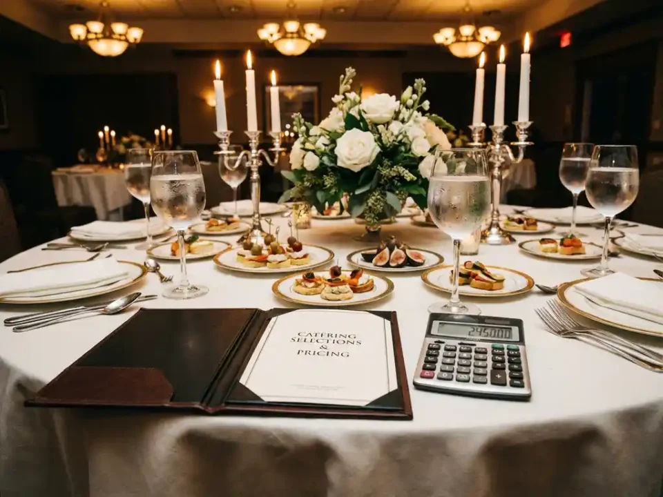 Elegante restauranttafel met open cateringmenu en rekenmachine naast kristallen glazen en gourmet hapjes