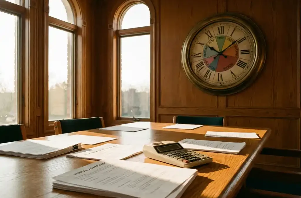 Grote analoge wandklok in professionele vergaderruimte met huurcontracten en rekenmachine op houten tafel