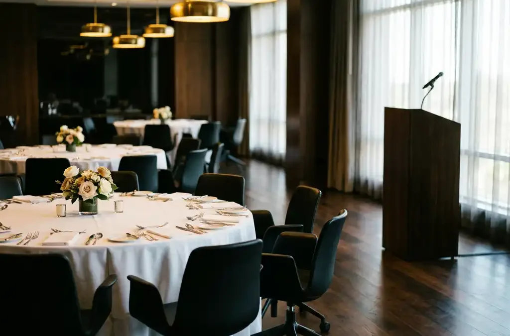 Elegante conferentieruimte met ronde tafels, witte tafelkleden, zwarte stoelen en spreekgestoelte met microfoon