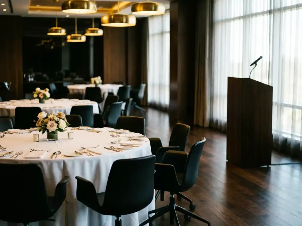 Elegante conferentieruimte met ronde tafels, witte tafelkleden, zwarte stoelen en spreekgestoelte met microfoon