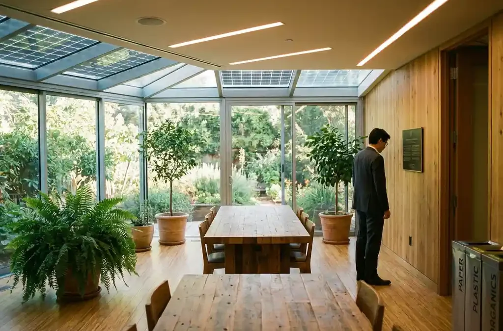Moderne vergaderruimte met bamboe vloer, groene planten en zonnepanelen in glazen plafond, persoon bekijkt duurzame kenmerken