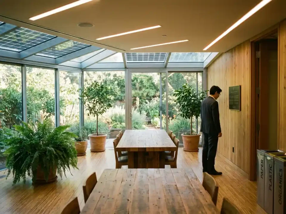 Moderne vergaderruimte met bamboe vloer, groene planten en zonnepanelen in glazen plafond, persoon bekijkt duurzame kenmerken