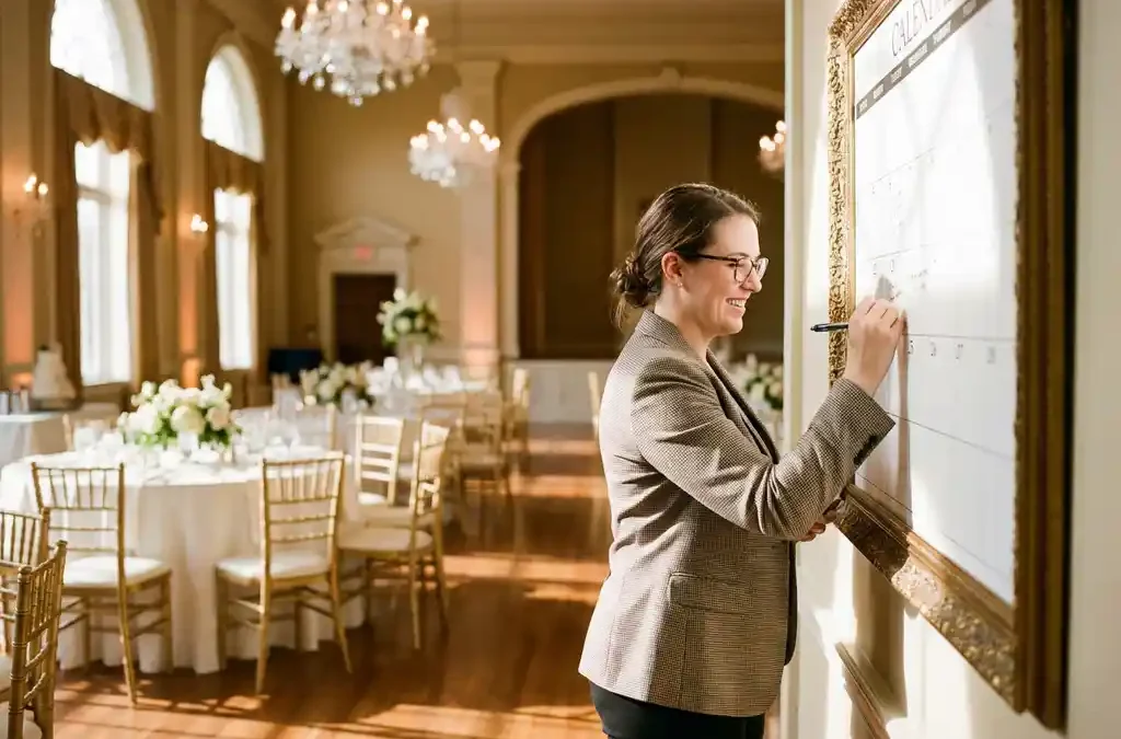 Professionele evenementencoördinator controleert wandkalender in elegante feestzaal met gedekte tafels en kristallen kroonluchters
