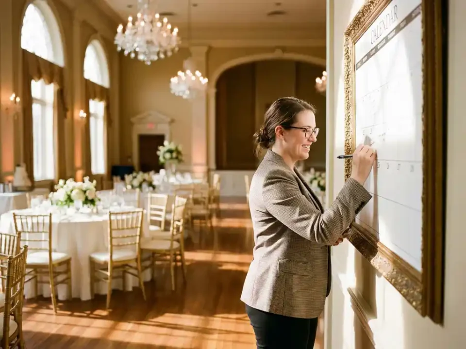 Professionele evenementencoördinator controleert wandkalender in elegante feestzaal met gedekte tafels en kristallen kroonluchters