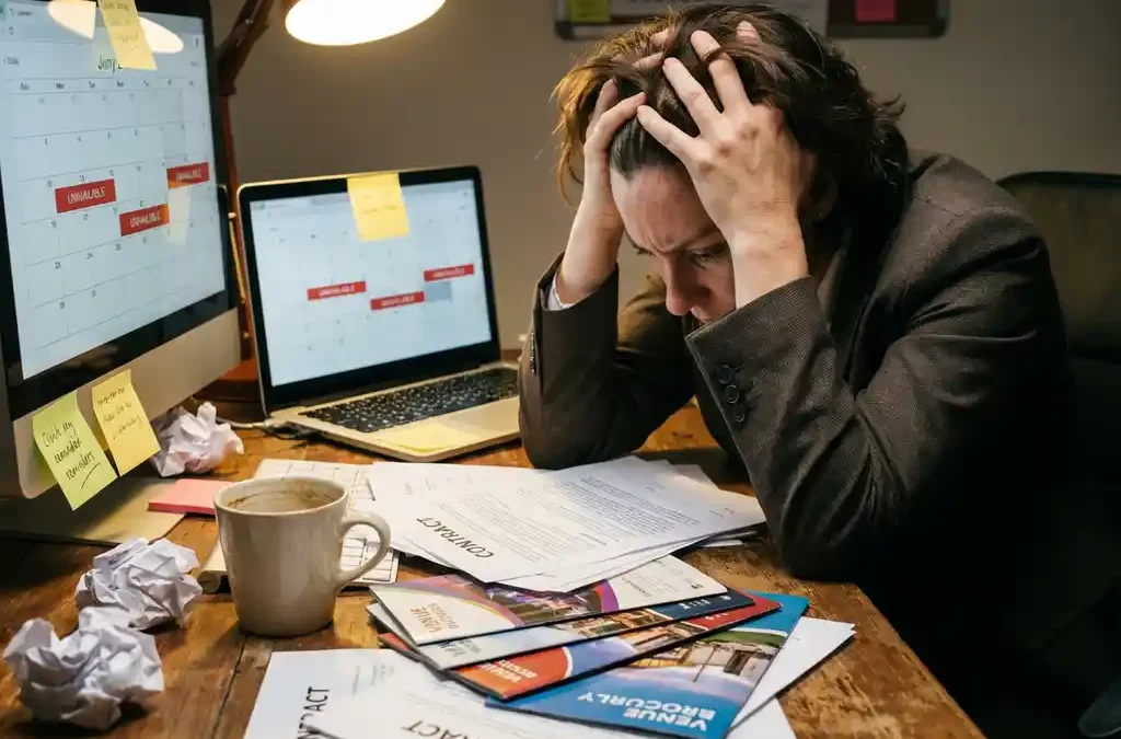 Gefrustreerde evenementenorganisator aan bureau met laptop en contracten, hoofd in handen vanwege onbeschikbare agenda