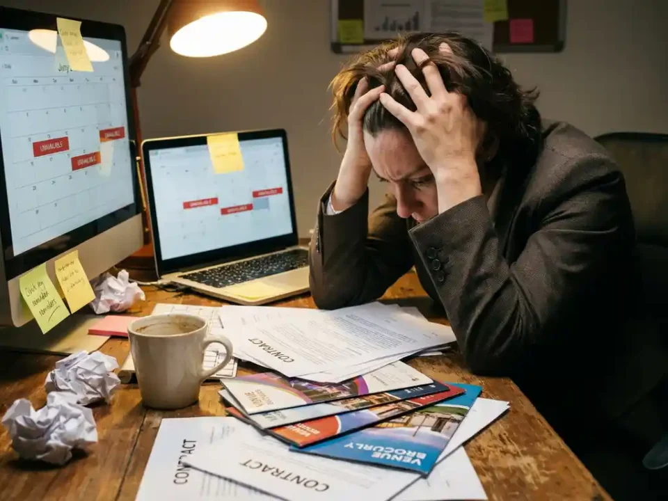 Gefrustreerde evenementenorganisator aan bureau met laptop en contracten, hoofd in handen vanwege onbeschikbare agenda