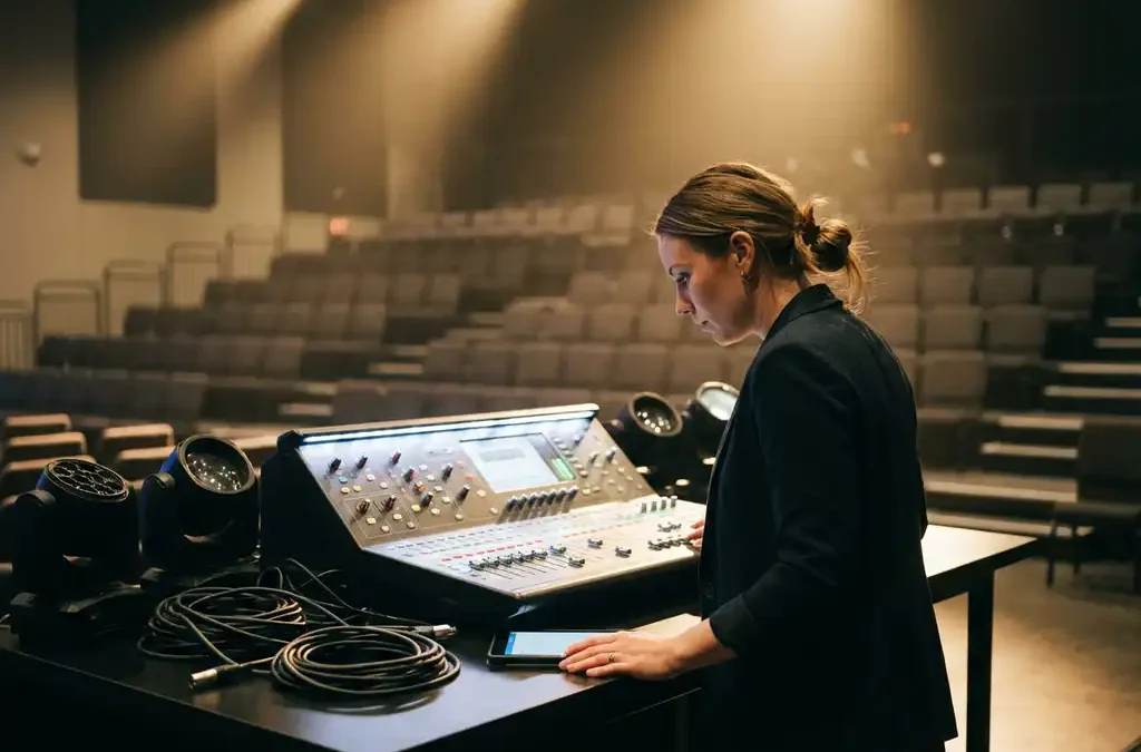 Professionele evenementcoördinator controleert audiotechniek en verlichtingsapparatuur in moderne evenementenlocatie
