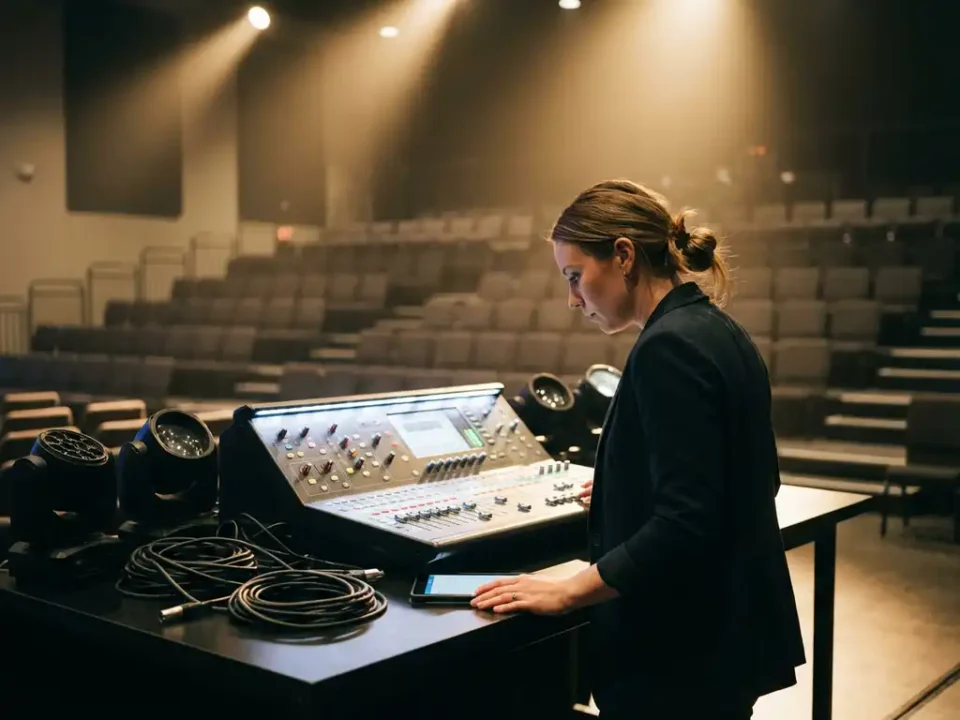 Professionele evenementcoördinator controleert audiotechniek en verlichtingsapparatuur in moderne evenementenlocatie