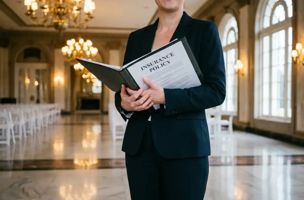 Professionele eventcoördinator toont verzekeringsdocument in elegante evenementenhal met kroonluchters en witte stoelen