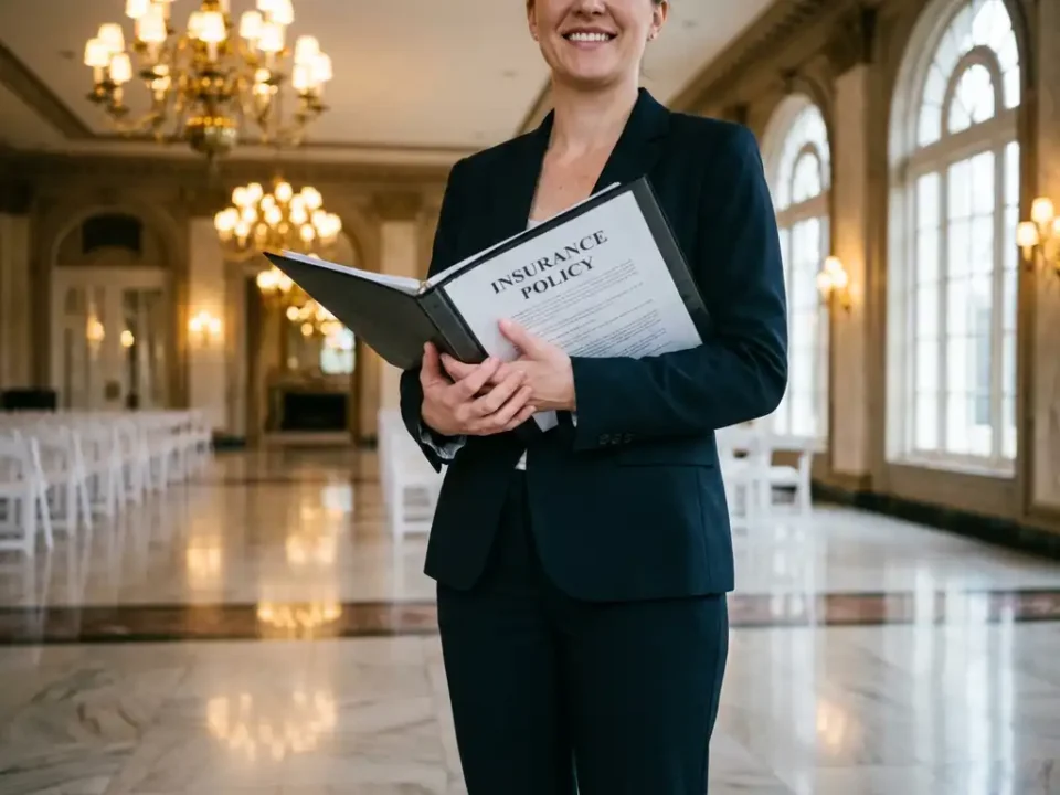 Professionele eventcoördinator toont verzekeringsdocument in elegante evenementenhal met kroonluchters en witte stoelen