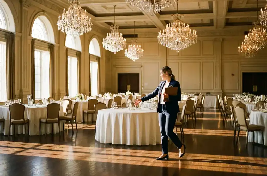 Professionele evenementencoördinator in elegante feestzaal met kristallen kroonluchters en gedekte ronde tafels