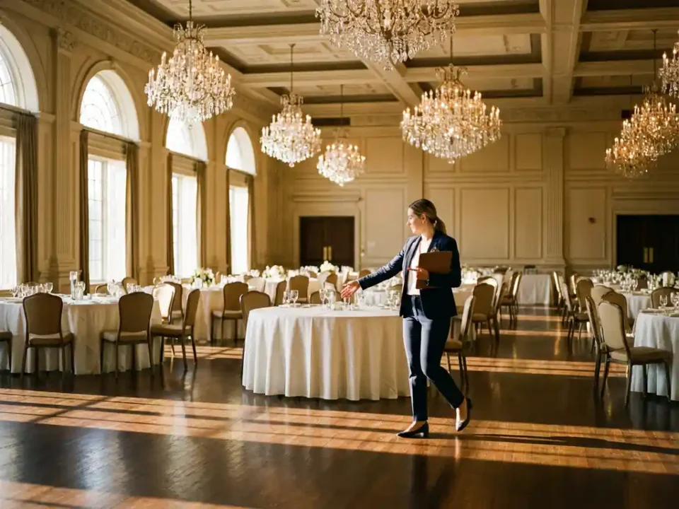 Professionele evenementencoördinator in elegante feestzaal met kristallen kroonluchters en gedekte ronde tafels
