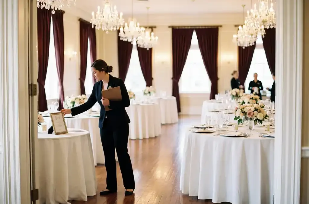 Elegante evenementenhal met ronde tafels, witte linnen, bloemstukken en kristallen kroonluchters voor feest