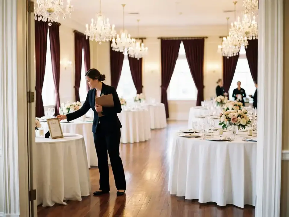 Elegante evenementenhal met ronde tafels, witte linnen, bloemstukken en kristallen kroonluchters voor feest