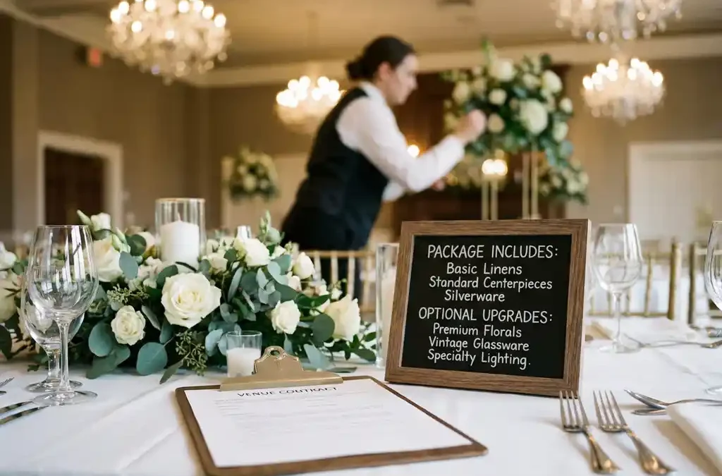 Elegante banquetzaal met gedekte tafel, contract op klembord, kristallen kroonluchters en cateringmedewerker op achtergrond
