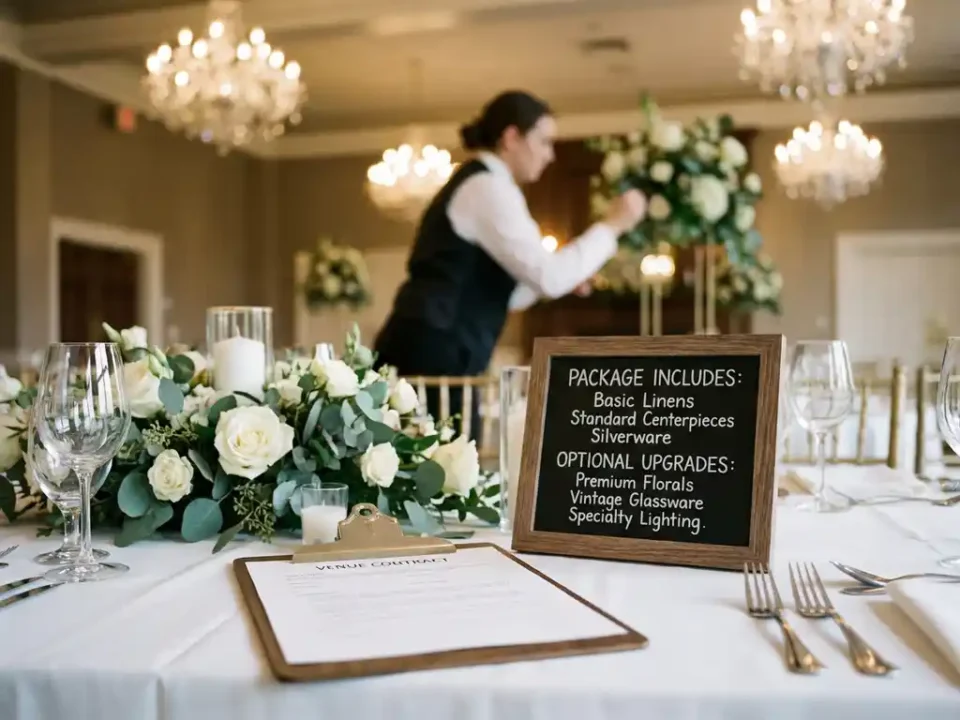 Elegante banquetzaal met gedekte tafel, contract op klembord, kristallen kroonluchters en cateringmedewerker op achtergrond