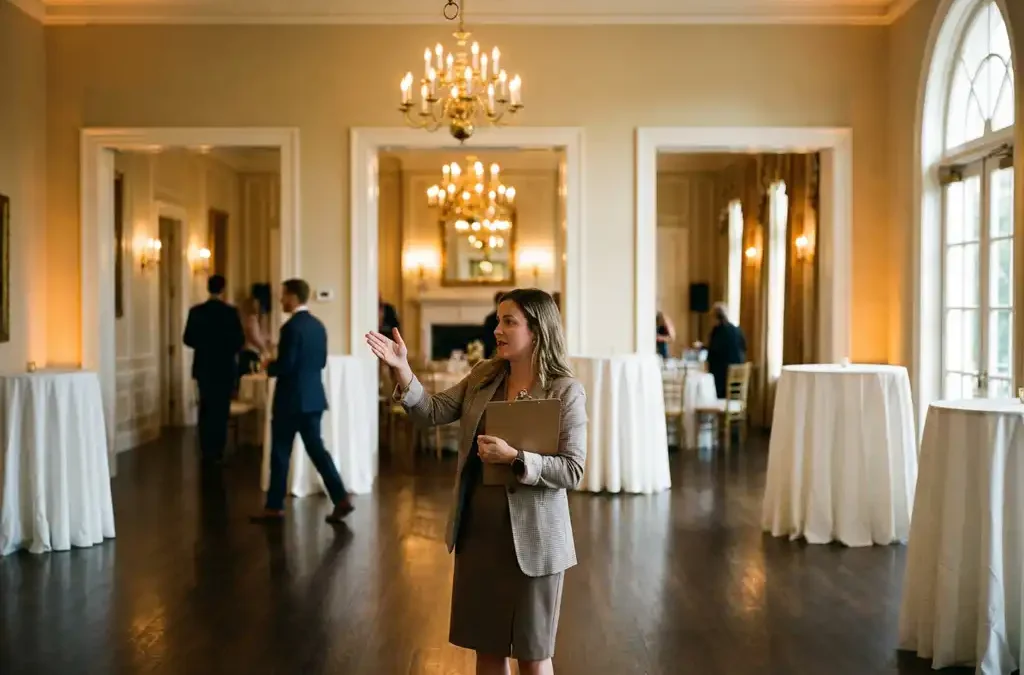 Evenementencoördinator bekijkt plattegronden in elegante evenementenlocatie met verbonden zalen en kristallen kroonluchters