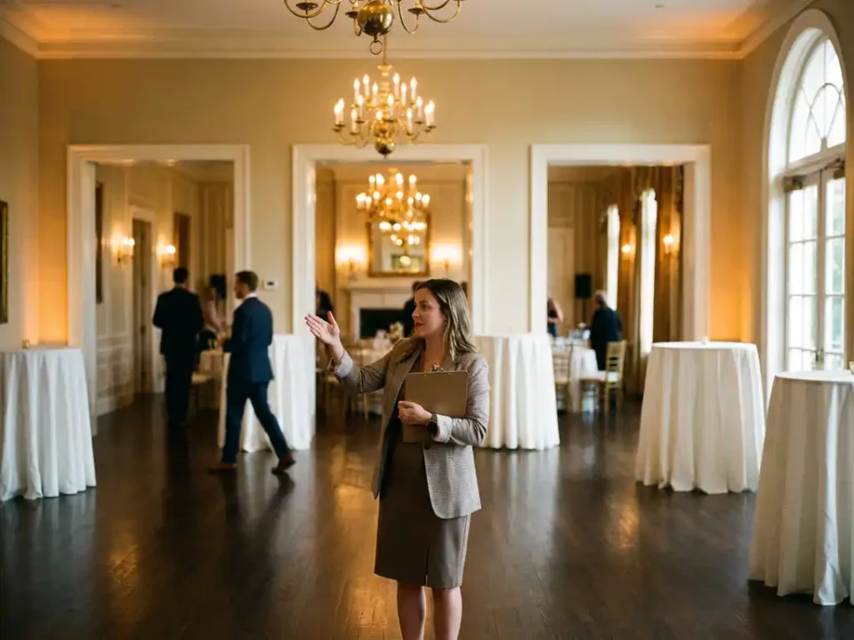 Evenementencoördinator bekijkt plattegronden in elegante evenementenlocatie met verbonden zalen en kristallen kroonluchters