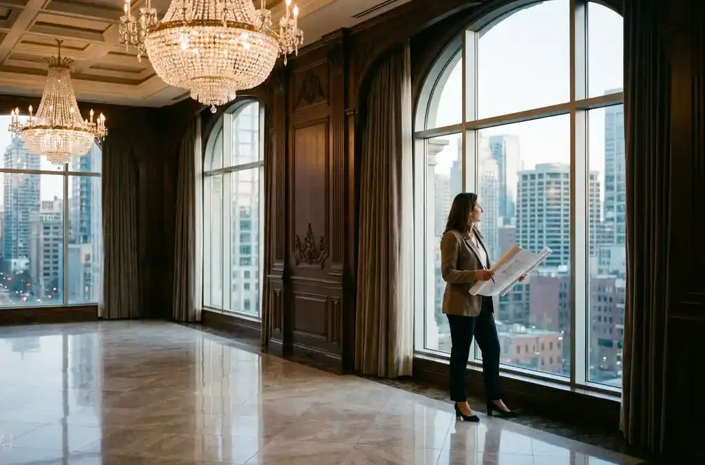 Evenementenplanner bekijkt plattegronden in elegante balzaal met kristallen kroonluchters en stadsgezicht