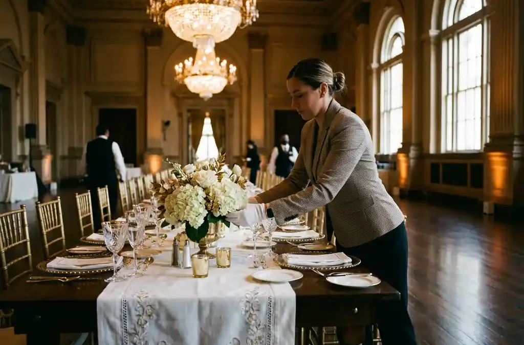 Professionele eventplanner schikt elegante witte en gouden decoraties op banquettafel in luxe evenementenlocatie