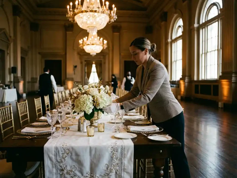 Professionele eventplanner schikt elegante witte en gouden decoraties op banquettafel in luxe evenementenlocatie