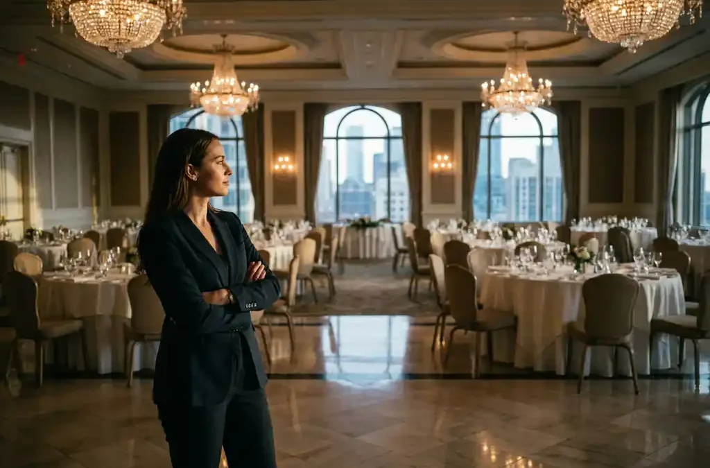 Professionele eventplanner bekijkt elegante conferentiezaal met ronde tafels, kristallen kroonluchters en stadsuitzicht