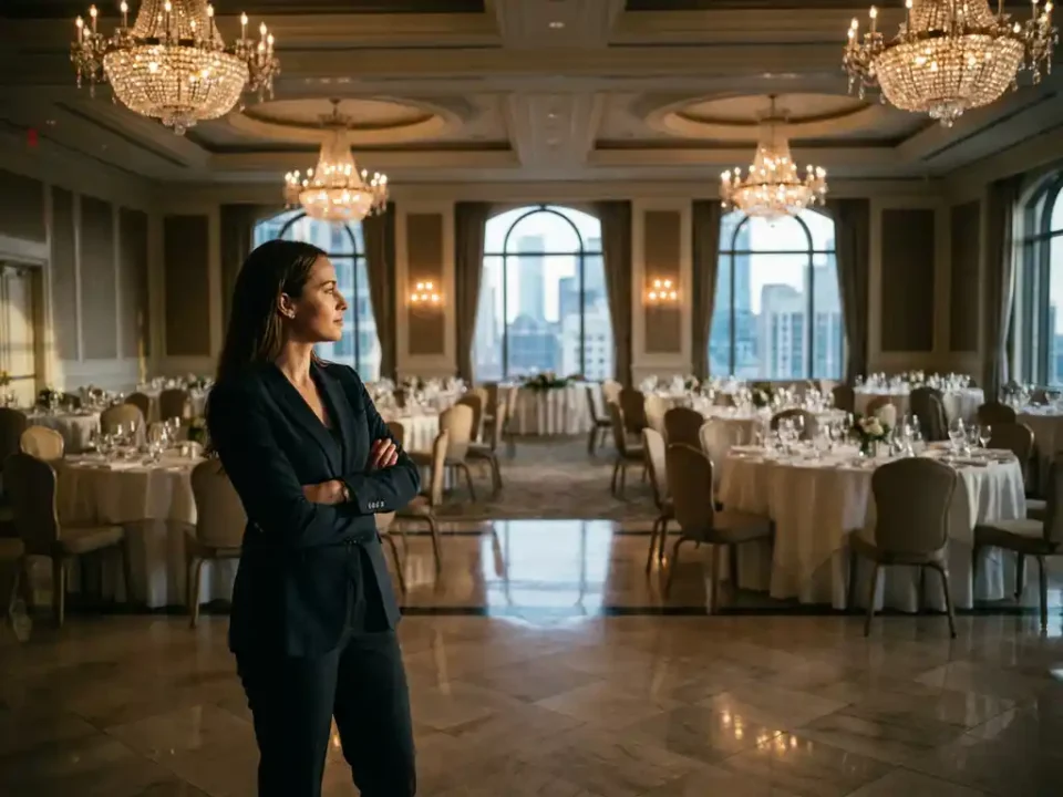 Professionele eventplanner bekijkt elegante conferentiezaal met ronde tafels, kristallen kroonluchters en stadsuitzicht