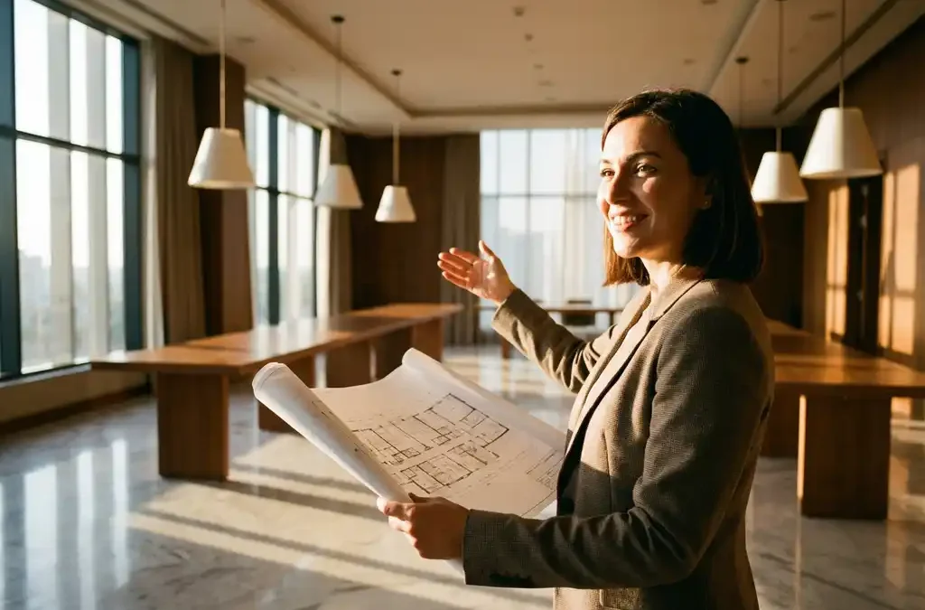 Professionele evenementenplanner toont plattegronden in elegante conferentieruimte met houten tafels en moderne verlichting