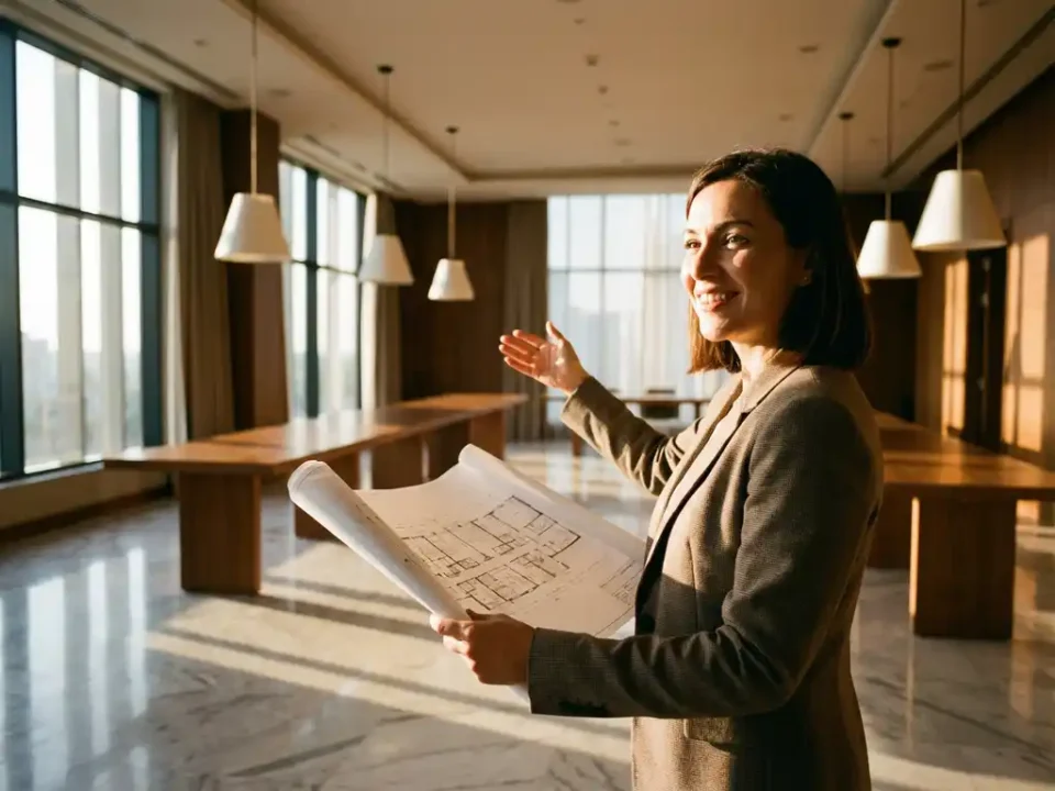 Professionele evenementenplanner toont plattegronden in elegante conferentieruimte met houten tafels en moderne verlichting