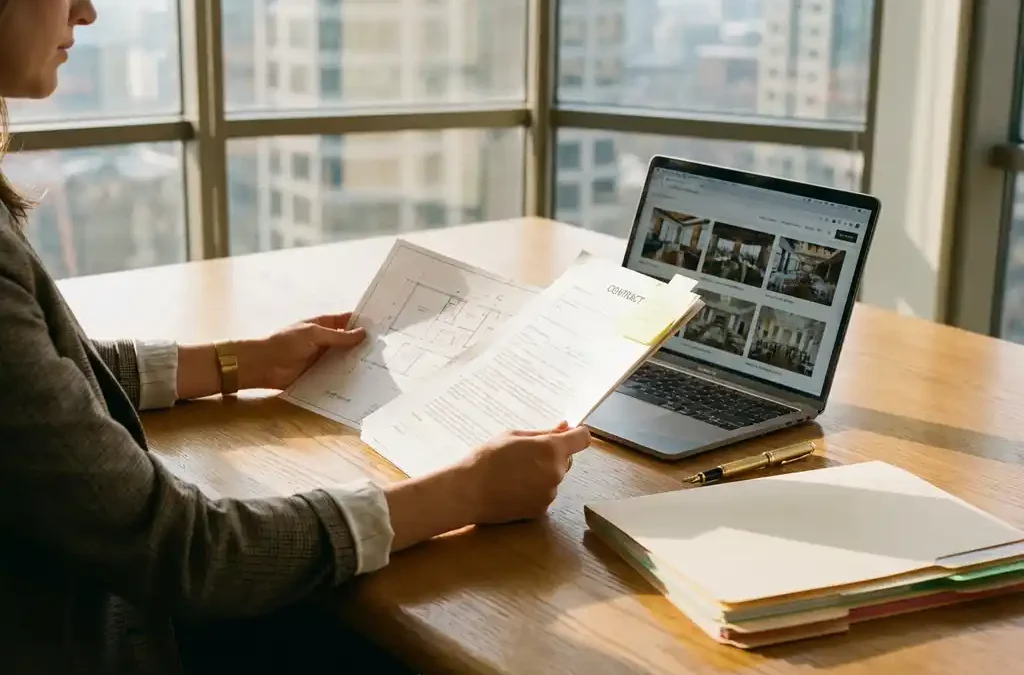 Professionele eventplanner bekijkt locatiecontracten en plattegronden aan bureau met laptop en georganiseerde mappen