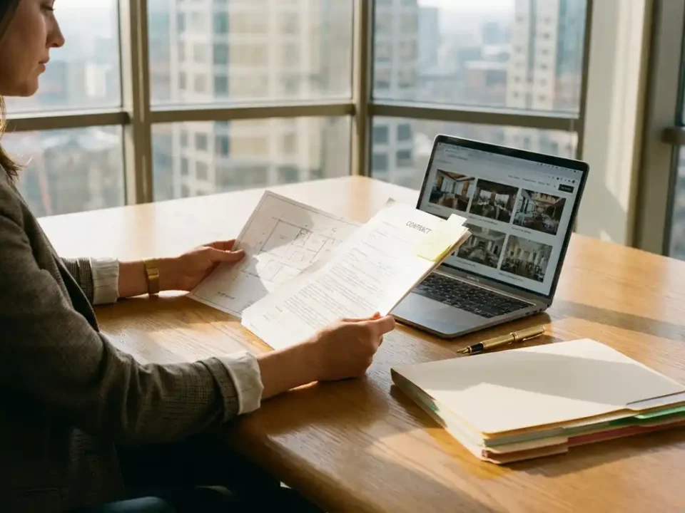 Professionele eventplanner bekijkt locatiecontracten en plattegronden aan bureau met laptop en georganiseerde mappen