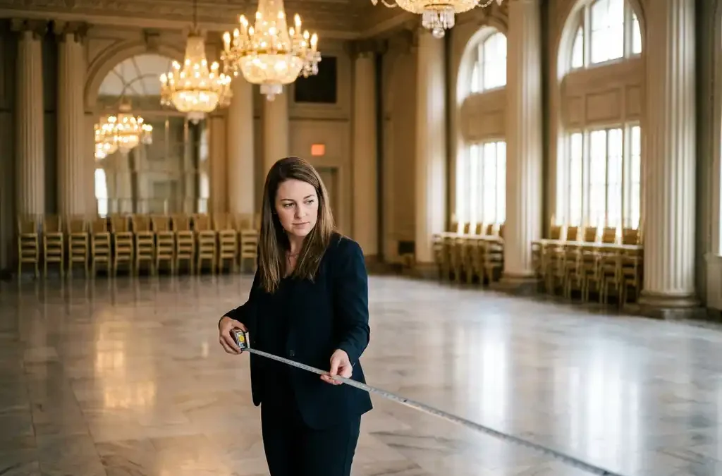 Professionele evenementenplanner met meetlint in elegante lege zaal met kristallen kroonluchters en gestapelde stoelen