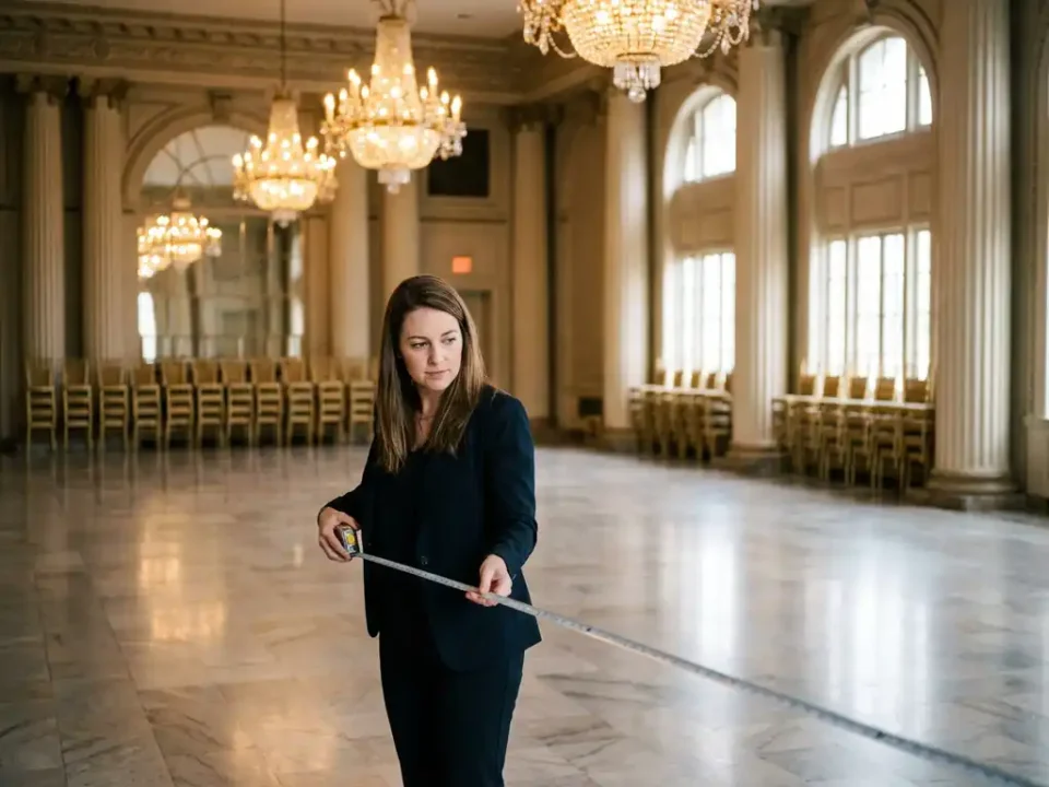 Professionele evenementenplanner met meetlint in elegante lege zaal met kristallen kroonluchters en gestapelde stoelen