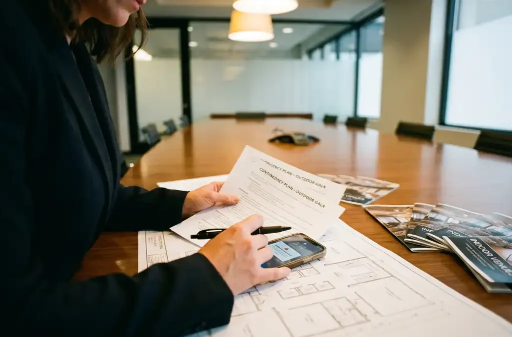 Professionele eventplanner bekijkt noodplannen en locatiebrochures aan conferentietafel met smartphone met weeralarm