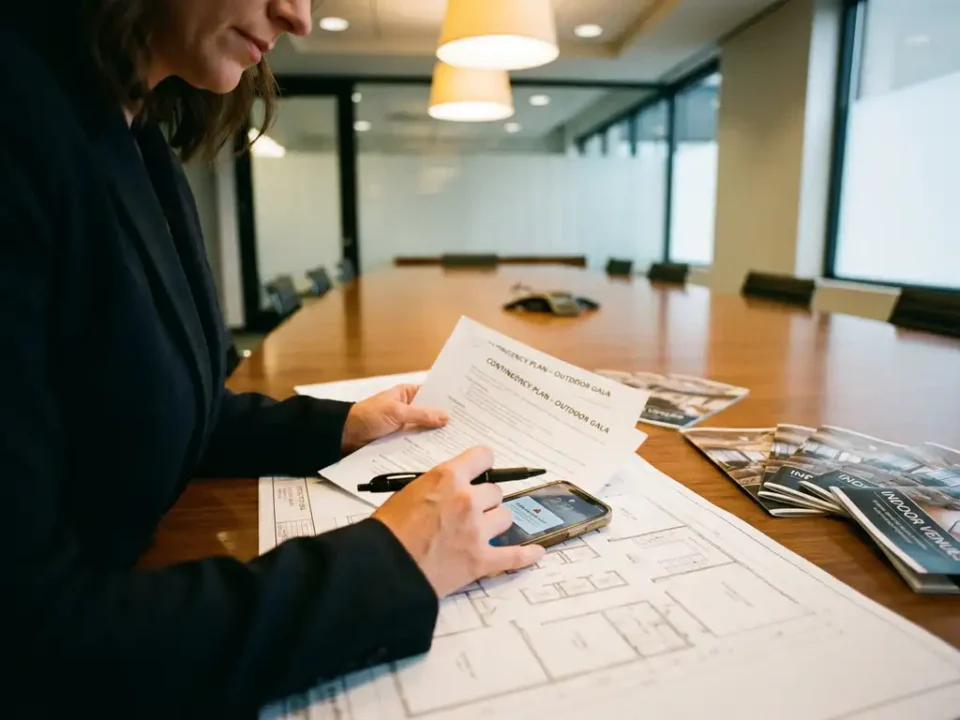 Professionele eventplanner bekijkt noodplannen en locatiebrochures aan conferentietafel met smartphone met weeralarm