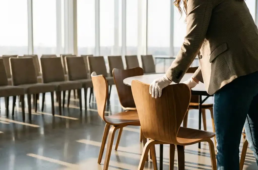 Professionele eventplanner organiseert stoelen rond ronde tafels in moderne conferentieruimte met natuurlijk licht