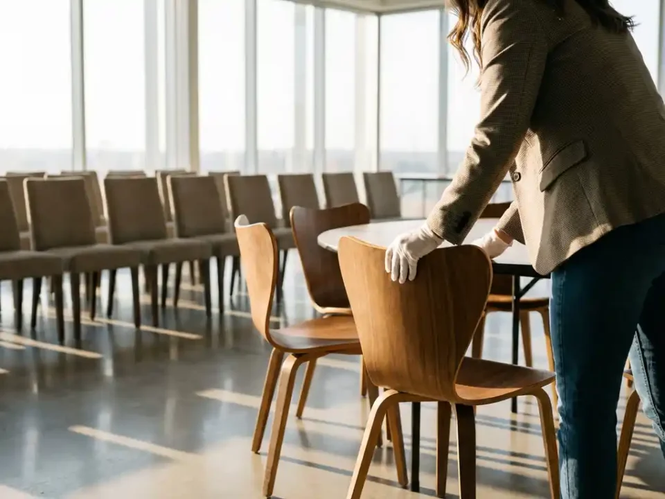 Professionele eventplanner organiseert stoelen rond ronde tafels in moderne conferentieruimte met natuurlijk licht