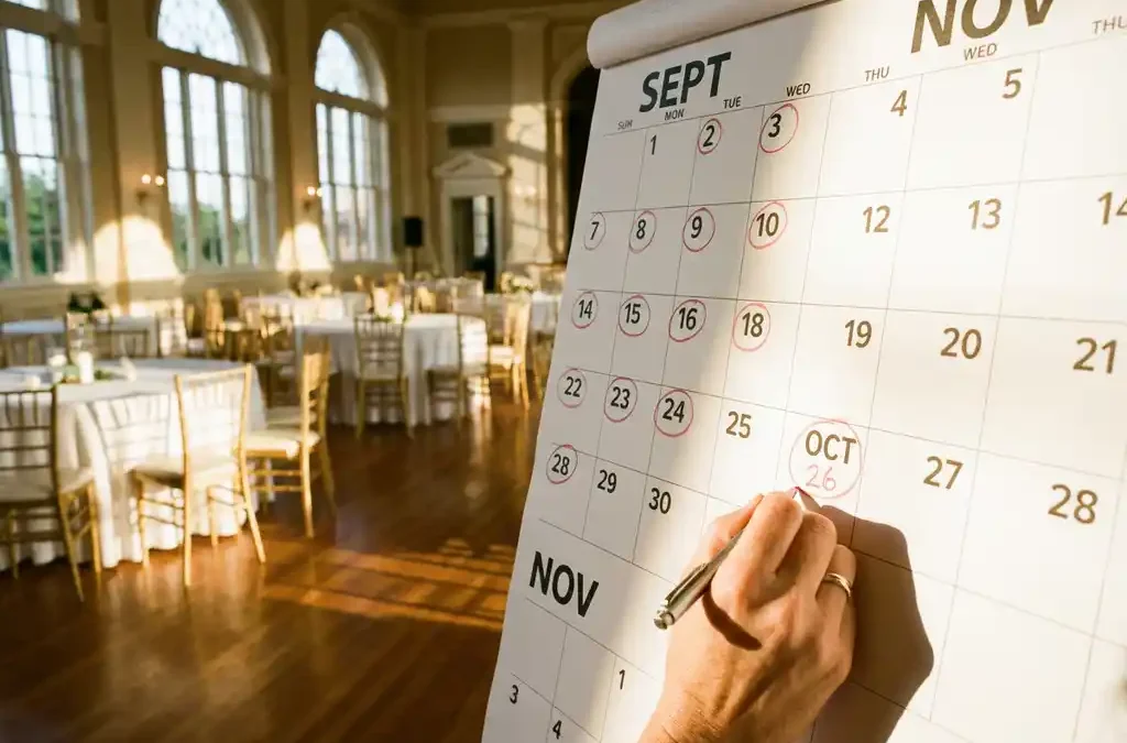 Evenementenplanner markeert boekingsdatum op wandkalender in elegante evenementenlocatie met ronde tafels