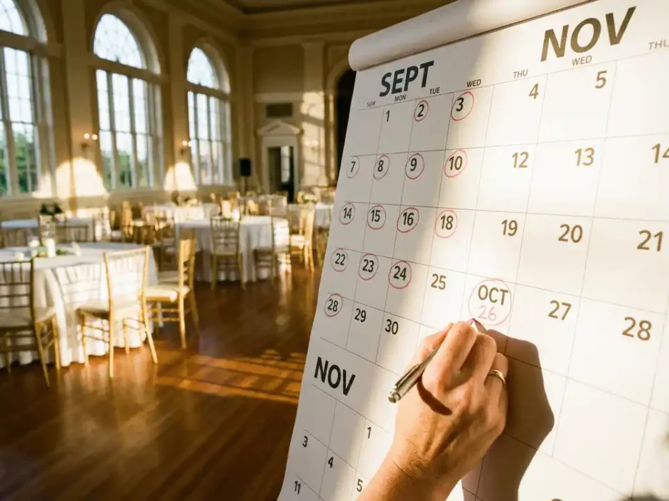 Evenementenplanner markeert boekingsdatum op wandkalender in elegante evenementenlocatie met ronde tafels