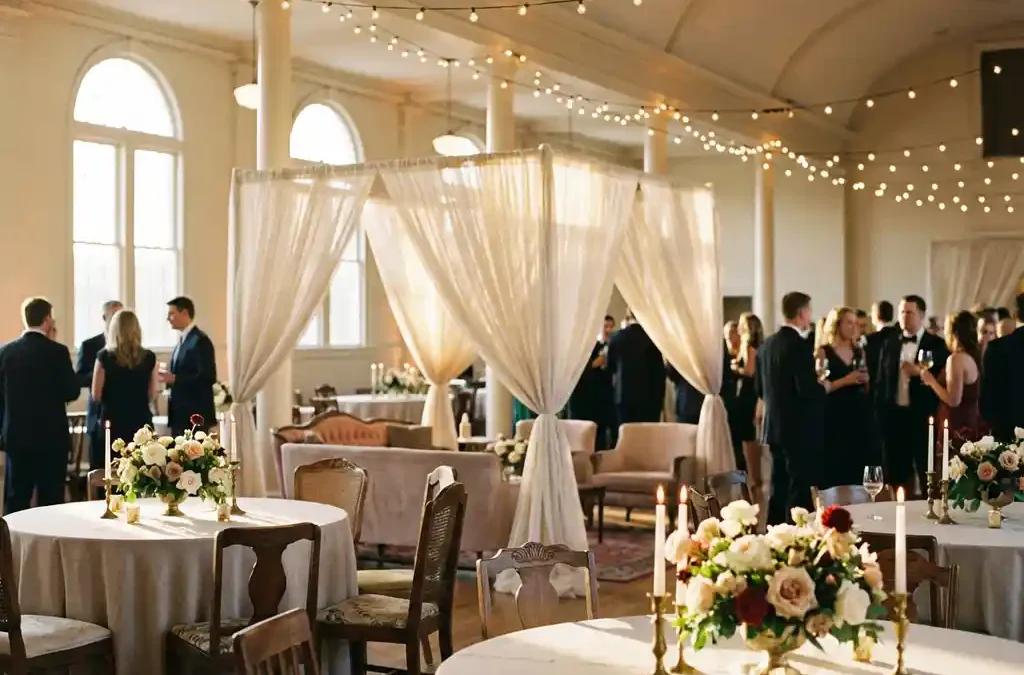 Elegant evenementenhal met kaarslicht, bloemen centerpieces, sfeerlicht en gasten die socializen tijdens gouden uur