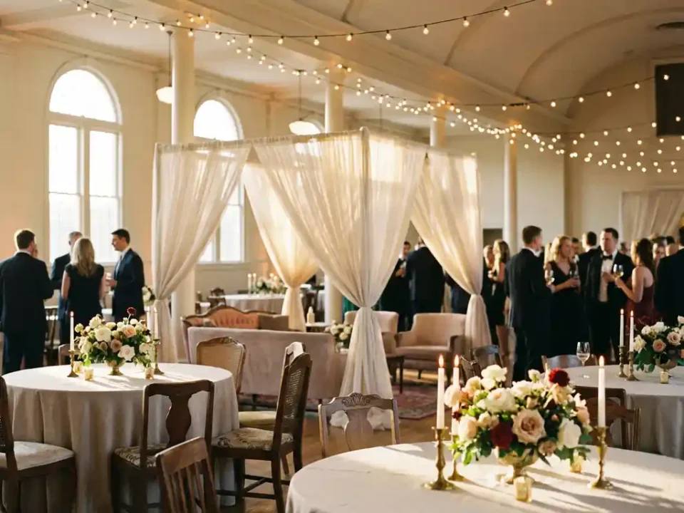 Elegant evenementenhal met kaarslicht, bloemen centerpieces, sfeerlicht en gasten die socializen tijdens gouden uur