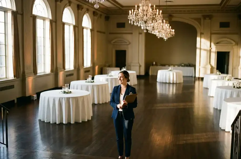Zakenvrouw inspecteert elegante evenementenhal met ronde tafels, kristallen kroonluchters en hardhouten vloeren