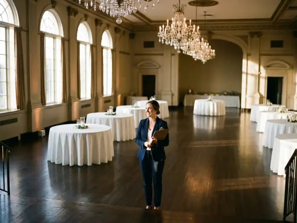 Zakenvrouw inspecteert elegante evenementenhal met ronde tafels, kristallen kroonluchters en hardhouten vloeren