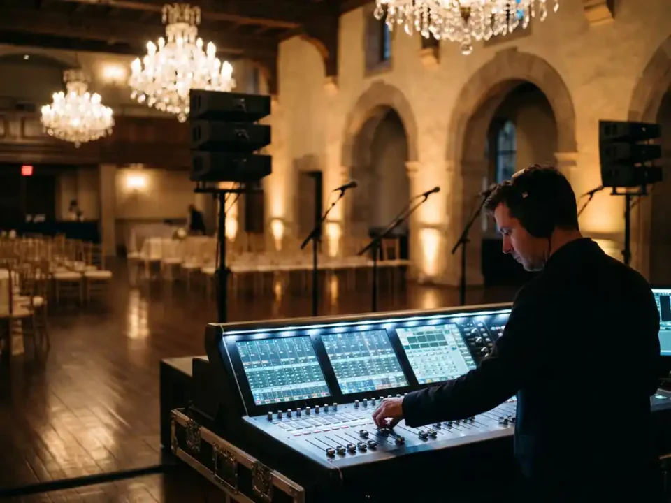 Professionele geluidstechnicus bedient digitale mengpaneel in elegante evenementenhal met kristallen kroonluchters